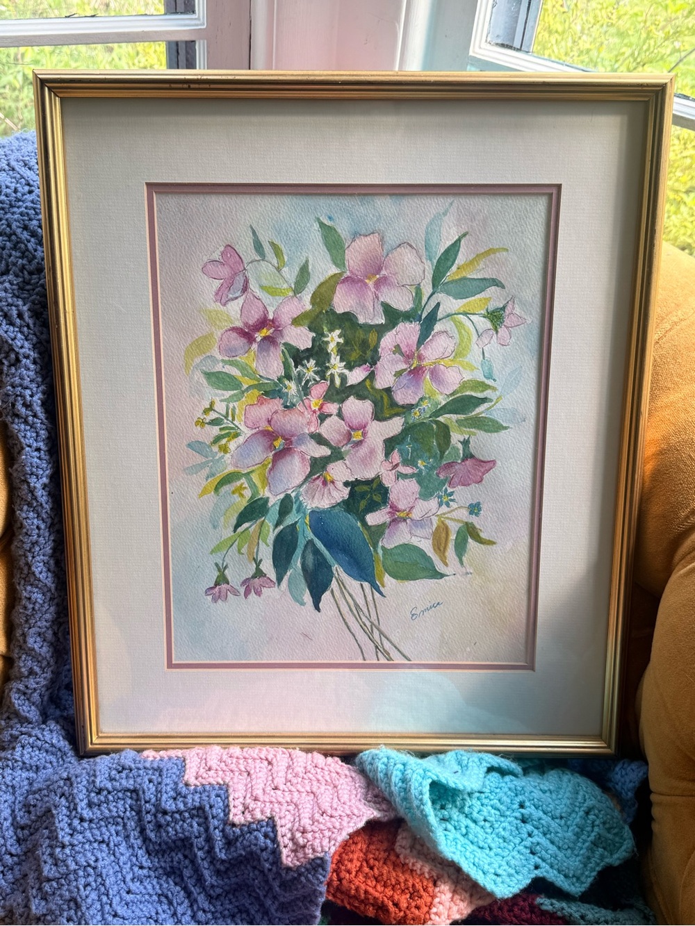Floral Watercolor Painting with Gold Frame